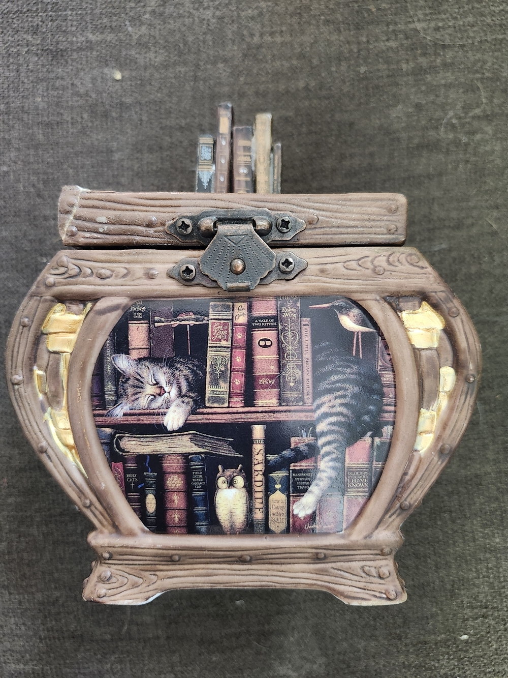 Wood-Effect Cat & Books Jewelry Box Organizer in Brown